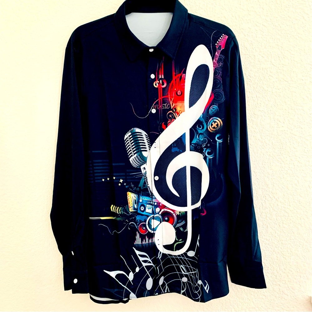 Men’s Long Sleeve Music 80’s Theme Button Up Shirt NWOT
